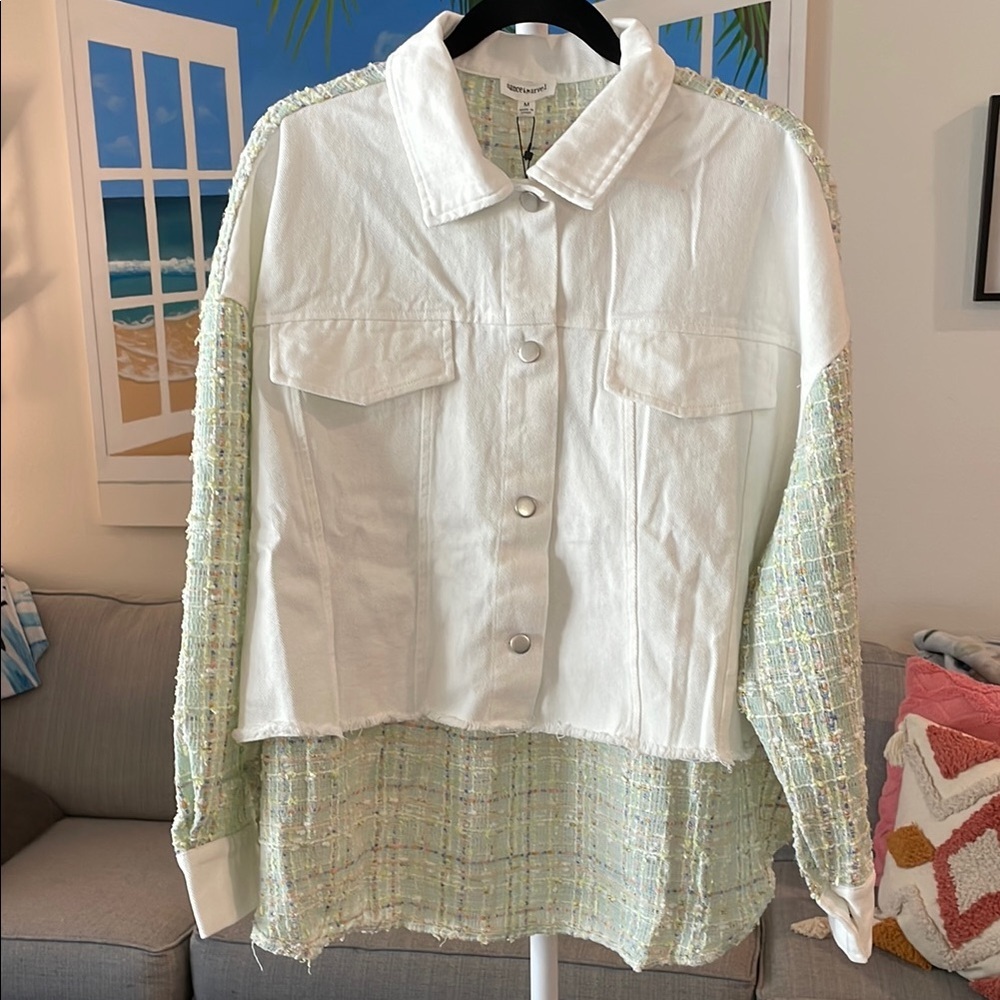 Dance & Marvel White Cropped Denim & Green Tweed Shacket